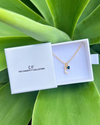 Gold necklace with a blue heart pendant in a white box labeled 'CF The Christy F Collection' on green leaves.
