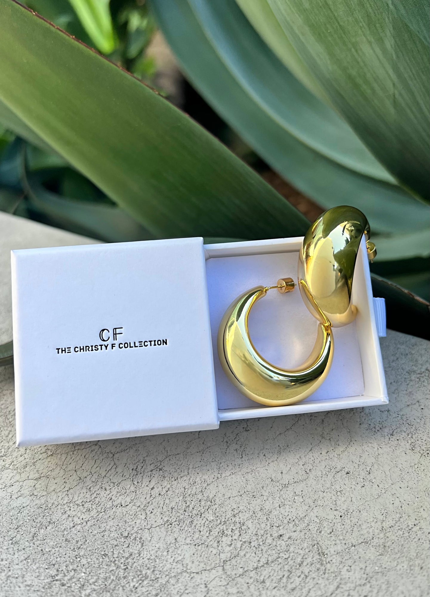 Gold hoop earrings in a white box with 'CF' branding, set against a natural background.