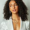 All Eyes on You gold-filled evil eye charm necklace styled shot worn on model indoor - The Christy F Collection