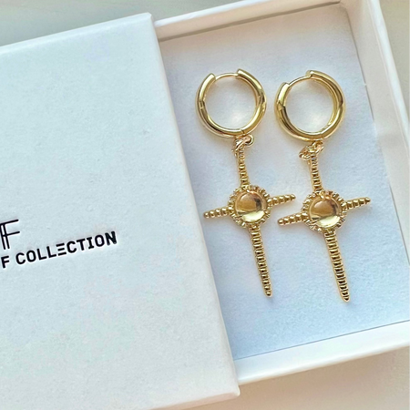 Gold hoop earrings with intricate designs in a white box labeled 'CF RISTY F COLLECTION'.