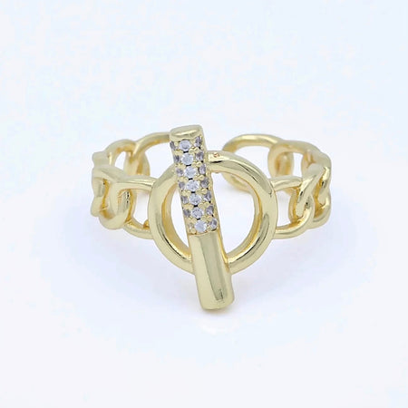 An adjustable gold-filled ring with a sparkly toggle feature.