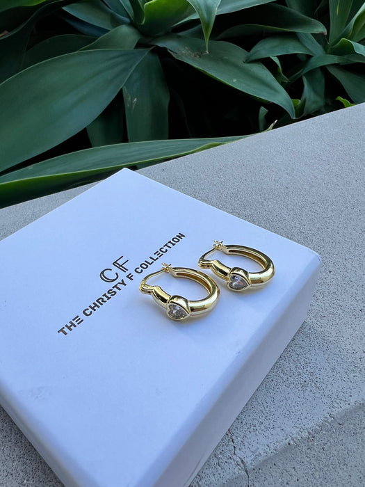 Gold hoop earrings on a white box with 'CF' branding, against a green leafy background.