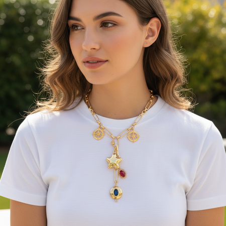 Woman wearing a gold necklace with various pendants outdoors