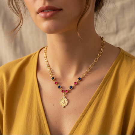 A close-up of a woman wearing a gold chain necklace with small red and blue beads and a round gold pendant, paired with a mustard yellow top.