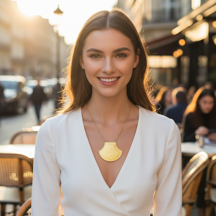Woman wearing a gold necklace in an outdoor cafe setting