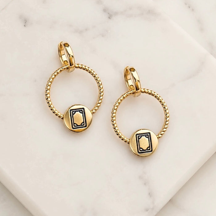 Blue mahjong bead hoop earrings with gold detailing