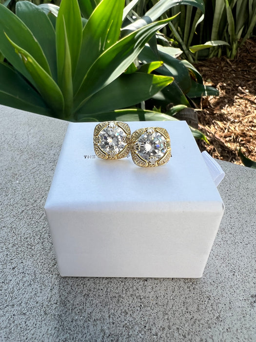 Gold earrings on a white box with green plants in the background