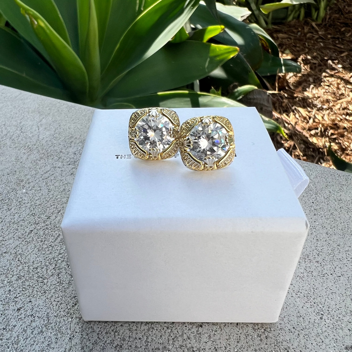 Gold earrings on a white box with green plants in the background