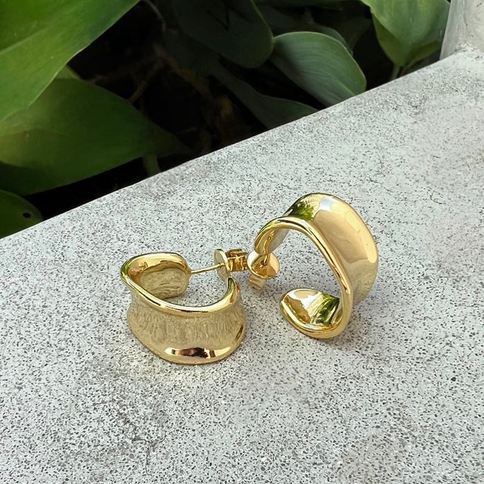 Gold hoop earrings on a textured surface with green leaves in the background