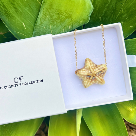Gold star-shaped necklace in a white box with 'CF' branding, surrounded by green leaves.
