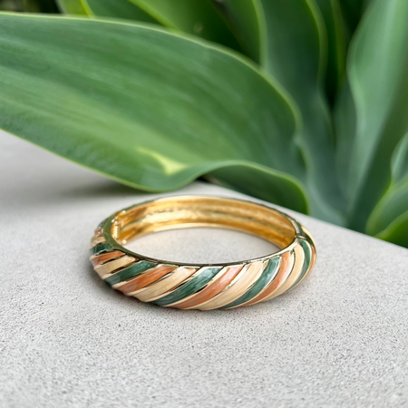 Gold and silver bangle with a striped pattern on a white surface with green leaves in the background