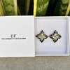 Pair of earrings in a white box with 'The Christy F Collection' branding, against a plant background.