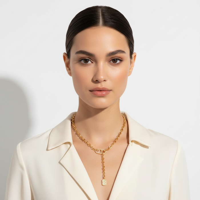 Woman wearing a gold necklace against a plain background
