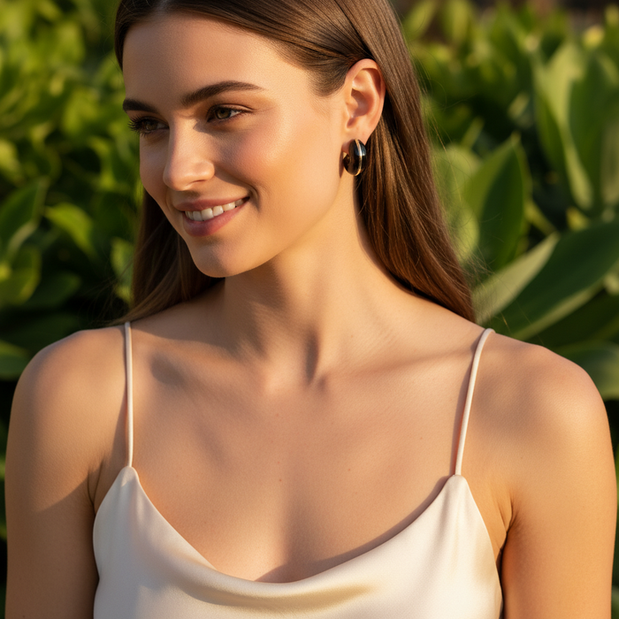 Woman wearing a white tank top with green foliage in the background