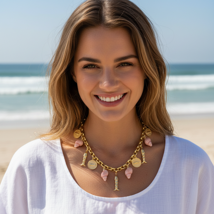 Woman wearing a gold necklace with various charms on a beach