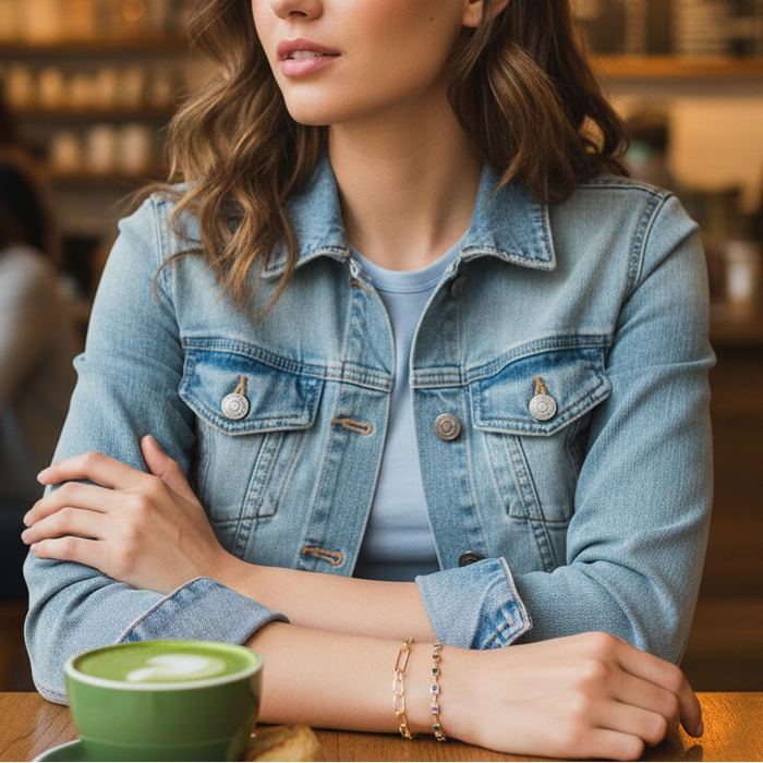 Woman sitting at a table in a cafe with a green cup of coffee wearing bracelets.