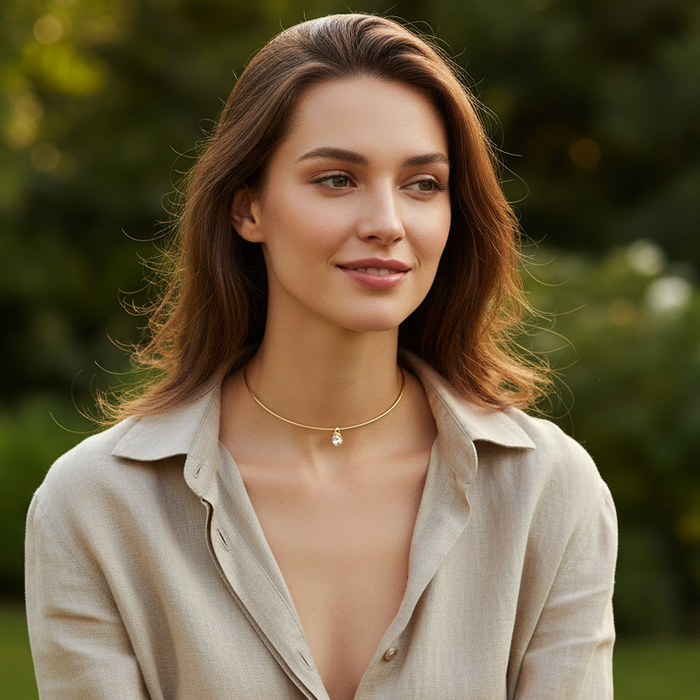 A woman with light brown hair wearing a beige linen shirt and a delicate gold chain necklace with a small clear teardrop pendant, photographed outdoors against a soft green bokeh background.