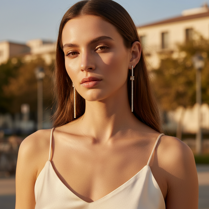Woman wearing a beige top with long earrings outdoors