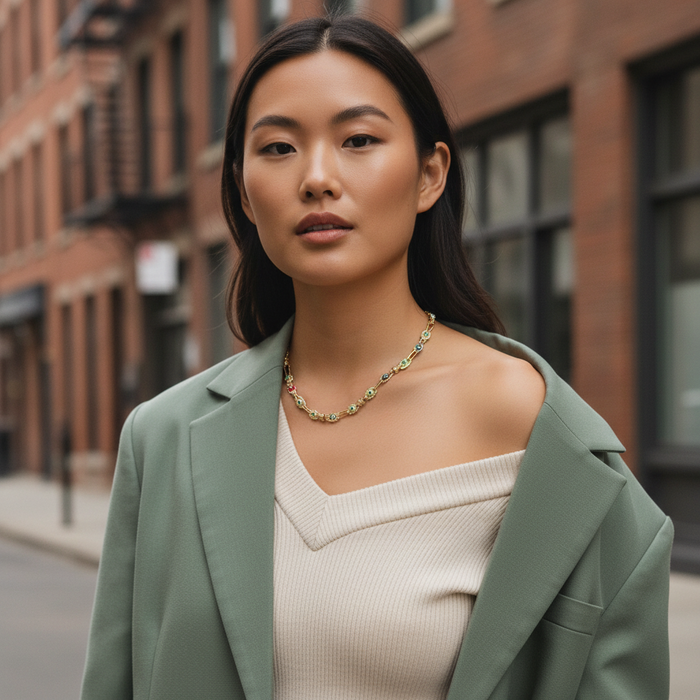 Woman wearing a green blazer and beige sweater with a necklace, standing in an urban setting.