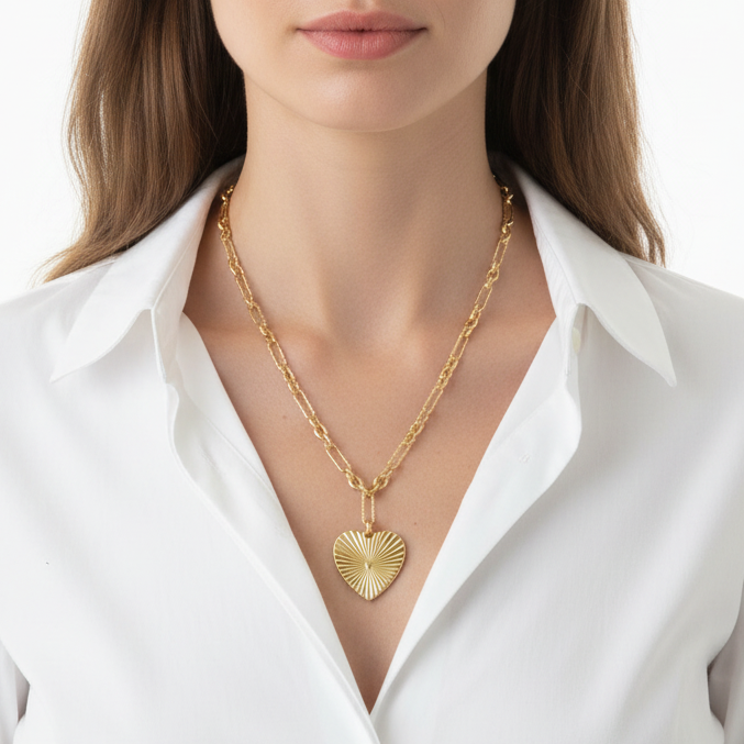 Gold chain necklace with a heart pendant worn by a person in a white shirt on a white background