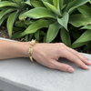 A close-up of a person's hand resting on a light gray concrete ledge with green succulent plants in the background. The person is wearing a gold-toned bangle bracelet with two small mahjong dragon head charms.