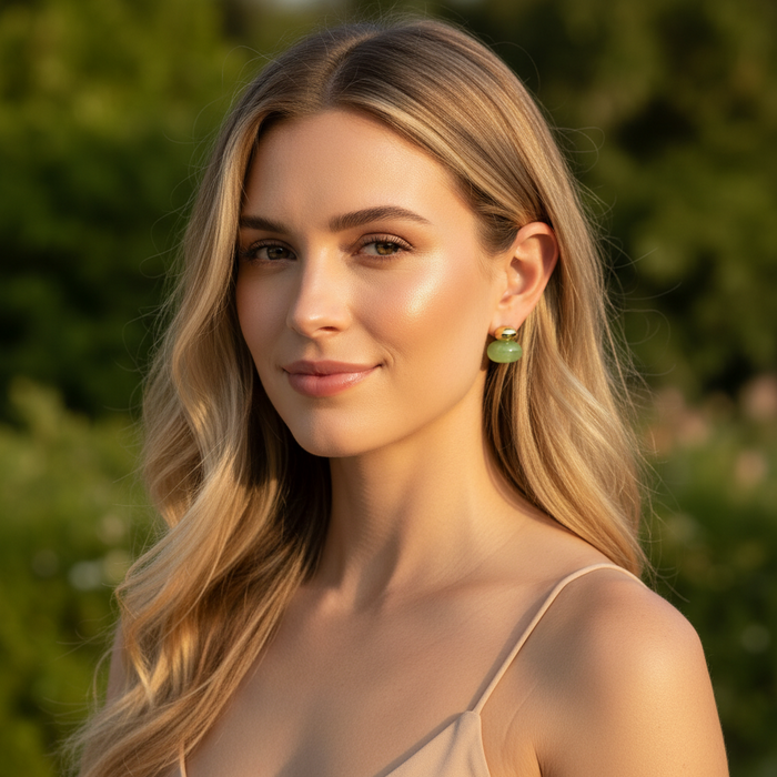 Woman with long blonde hair and green earrings against a blurred natural background