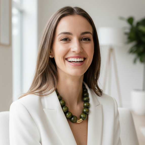 Woman in a white blazer sitting in a modern room with plants and furniture wearing a green beaded necklace with a gold spacer bead.
