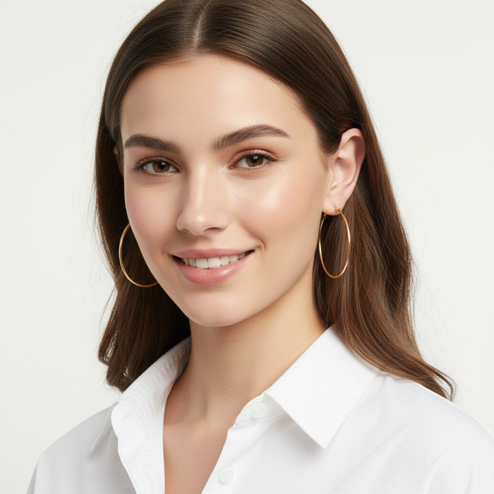 Woman wearing gold hoop earrings on a white background