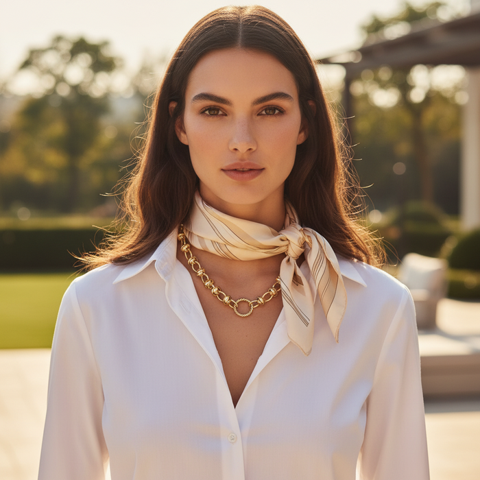 Woman wearing a white shirt and beige scarf and a gold necklace with a blurred outdoor background
