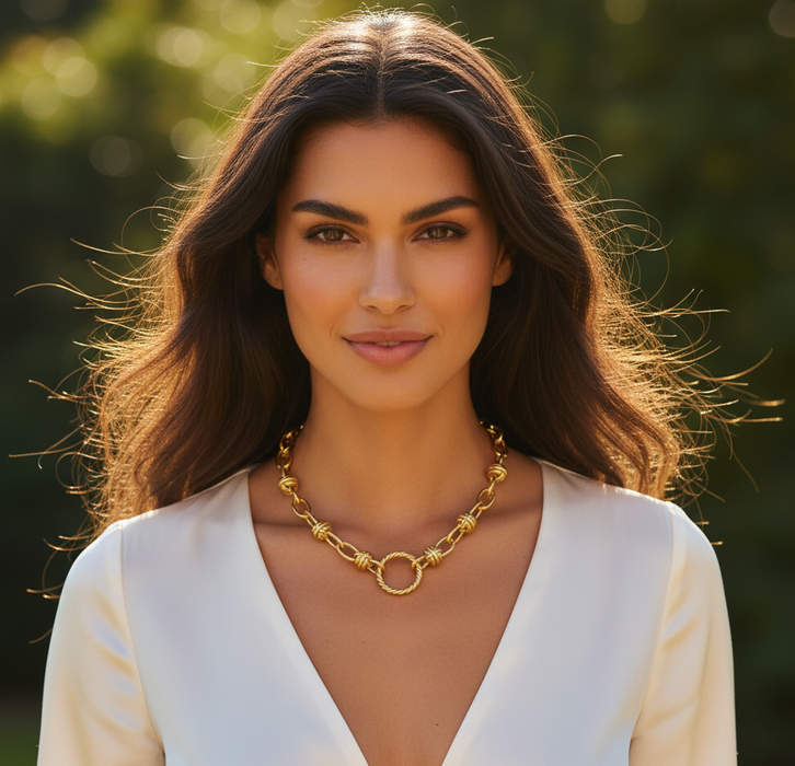 Woman wearing a gold necklace with a blurred green background
