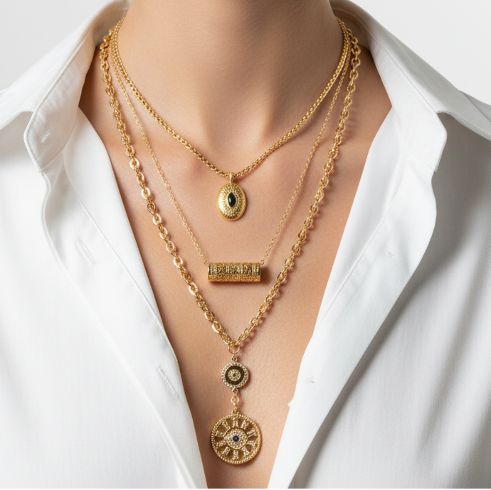 Woman wearing a white shirt with gold necklaces on a plain background