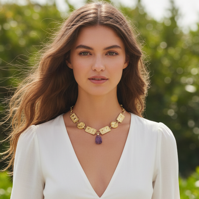 Woman wearing a white dress with a gold necklace against a green foliage background