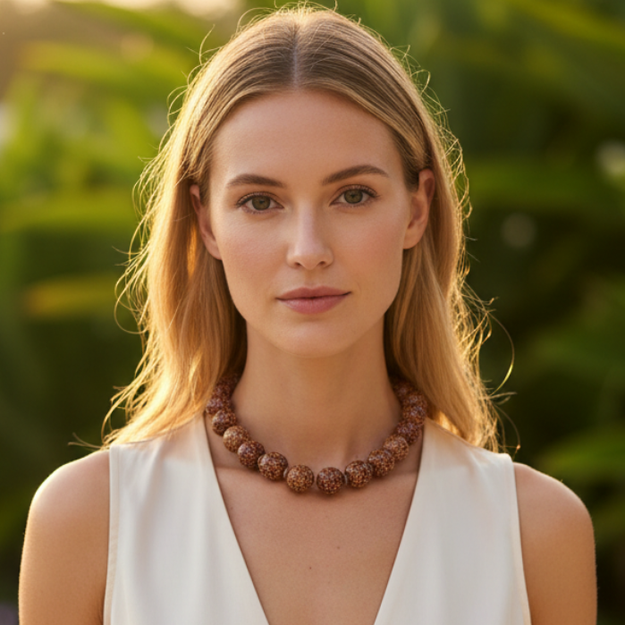 Woman wearing a beige dress with a necklace against a blurred natural background