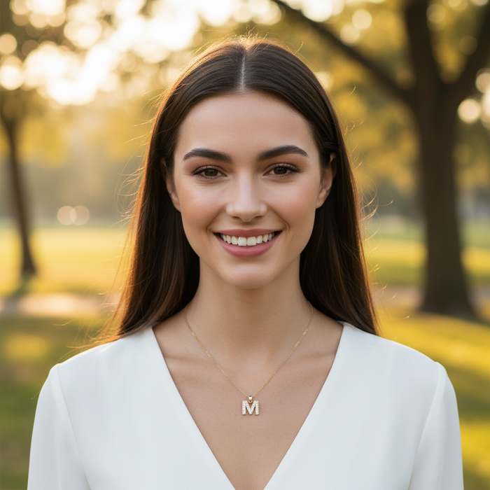 A smiling young woman with long dark brown hair stands outdoors in a sunlit park, wearing a white V-neck top and a delicate gold necklace with a small letter M pendant.