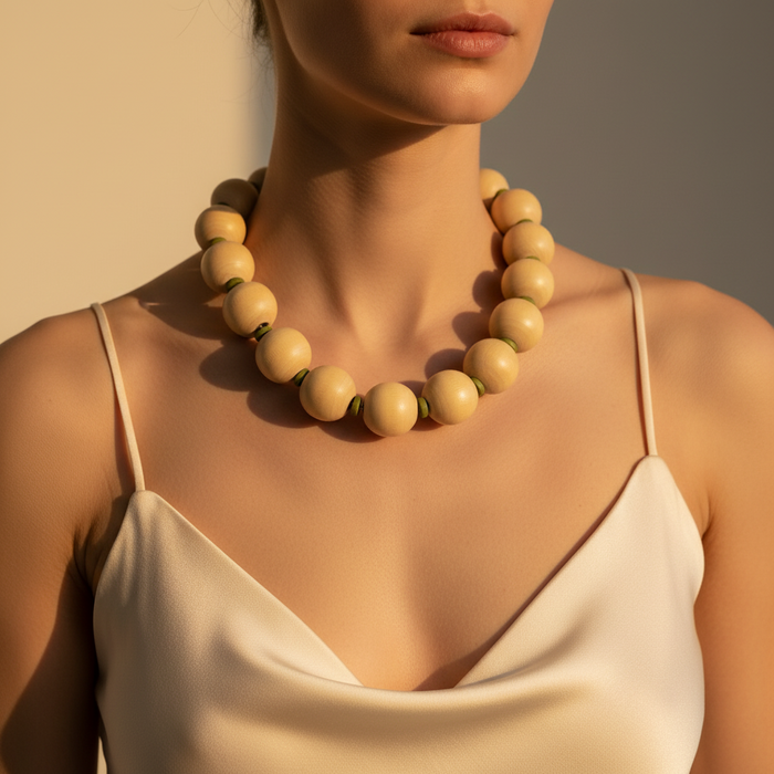 A close-up of a woman wearing a chunky beaded necklace made of matte light beige wooden beads, paired with a matching cream satin camisole top under warm, direct sunlight.