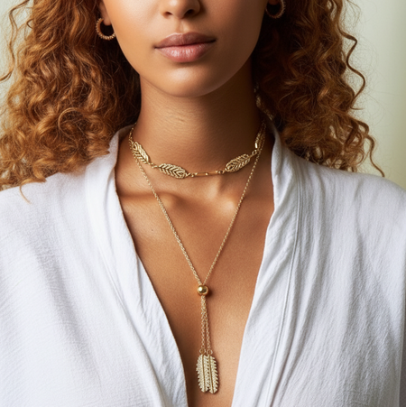 Woman wearing a gold necklace with a white top against a neutral background