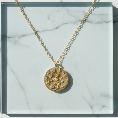 Gold necklace with a decorative pendant on a marble surface