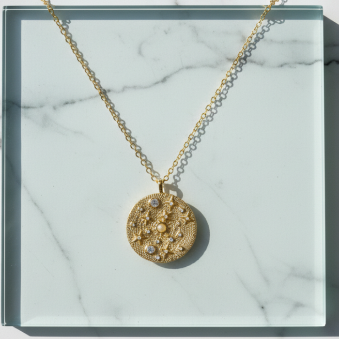 Gold necklace with a decorative pendant on a marble surface