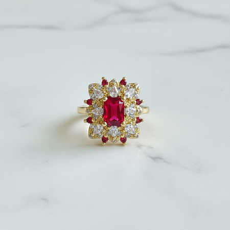 Gold ring with a red gemstone and diamond accents on a light gray background
