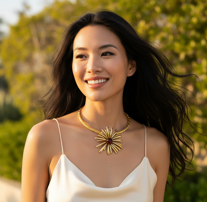 Woman wearing a gold necklace outdoors with greenery in the background