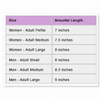 Table showing bracelet lengths for different size categories on a white background