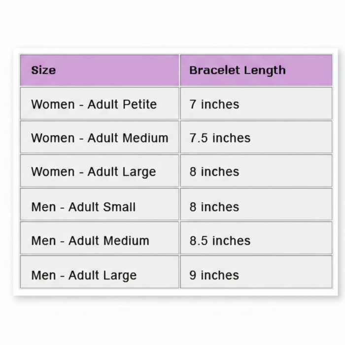 Table showing bracelet lengths for different size categories on a white background
