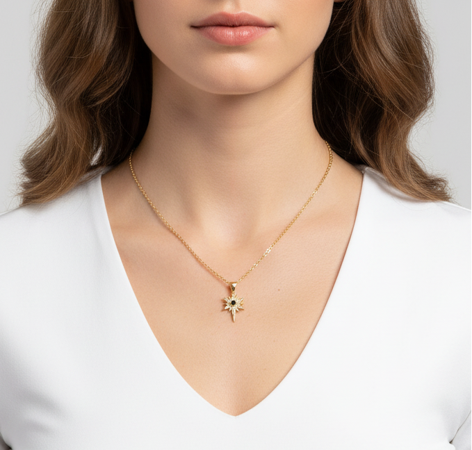 Woman wearing a gold necklace with a star-shaped pendant on a plain background