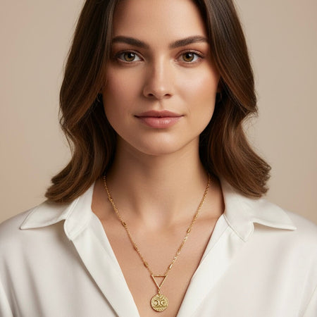 Woman wearing a gold necklace against a beige background