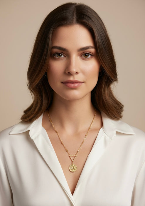 Woman wearing a gold necklace against a beige background