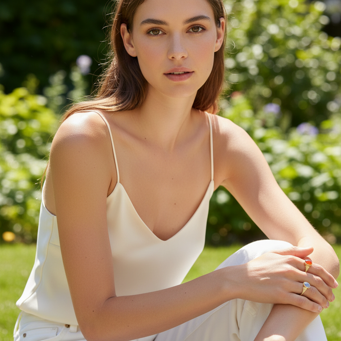 Woman sitting outdoors in a natural setting