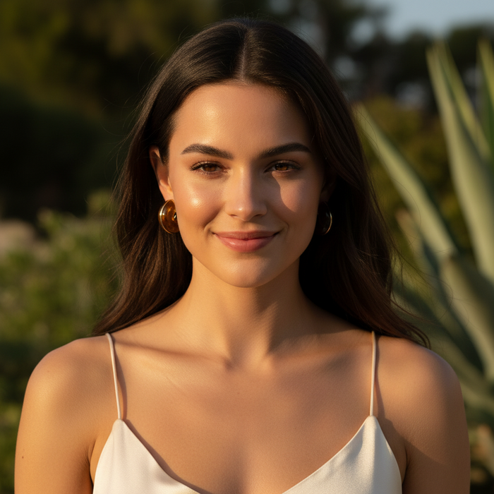Woman with long dark hair and a white top standing outdoors with greenery in the background