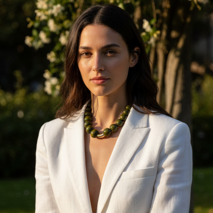 Woman in a white suit sitting outdoors with greenery in the background wearing a green necklace with a gold bead