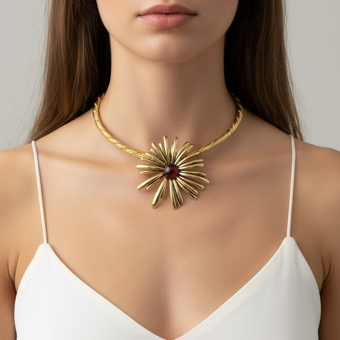 Woman wearing a gold necklace with a red gemstone on a neutral background